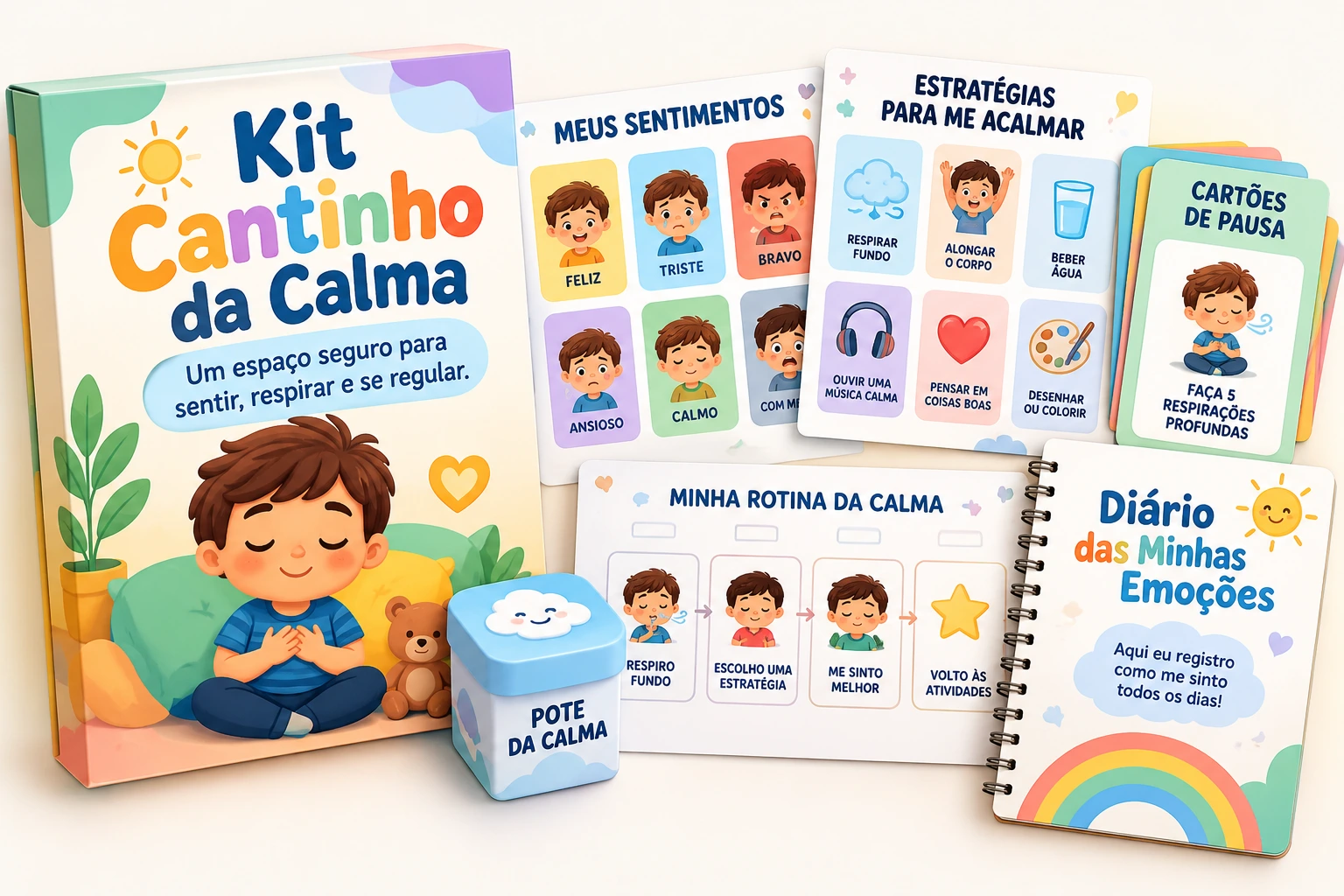 Kit Cantinho da Calma com cartões de sentimentos, estratégias para se acalmar e diário das emoções
