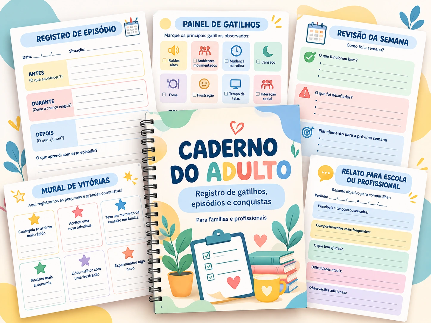 Caderno do Adulto com registro de episódios, painel de gatilhos, mural de vitórias e revisão da semana
