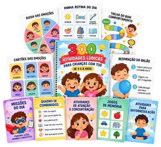 Mockup do kit de 300 atividades lúdicas para crianças com TOD, de 4 a 8 anos